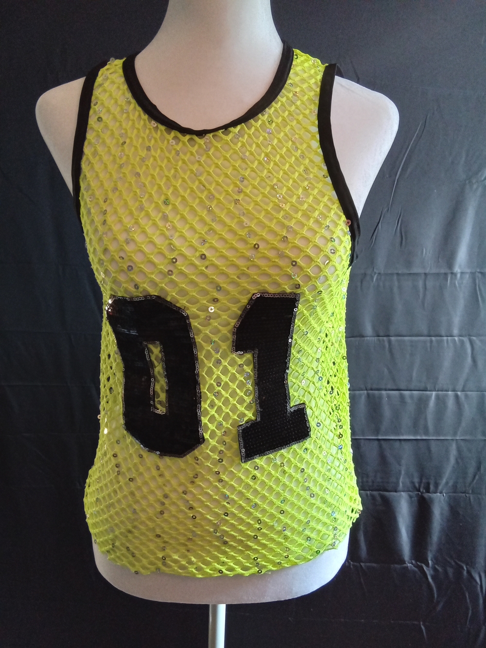 Weissman Neon Yellow Mesh Sequin Tank with Black '01' Appliqué ❤️